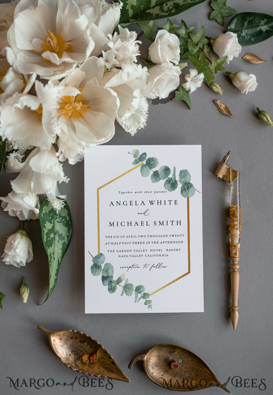 WEDDING INVITATIONS Modern Invites Floral Cards Eucalyptus green wedding invitations cards vintage floral stationery