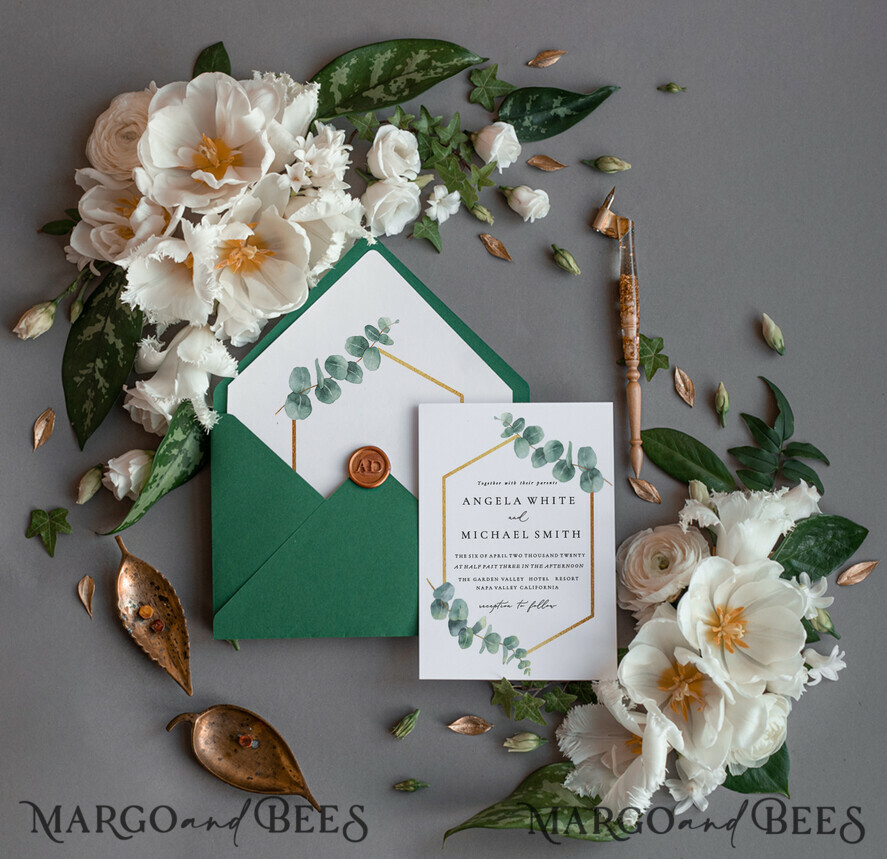 WEDDING INVITATIONS Modern Invites Floral Cards Eucalyptus green wedding invitations cards vintage floral stationery