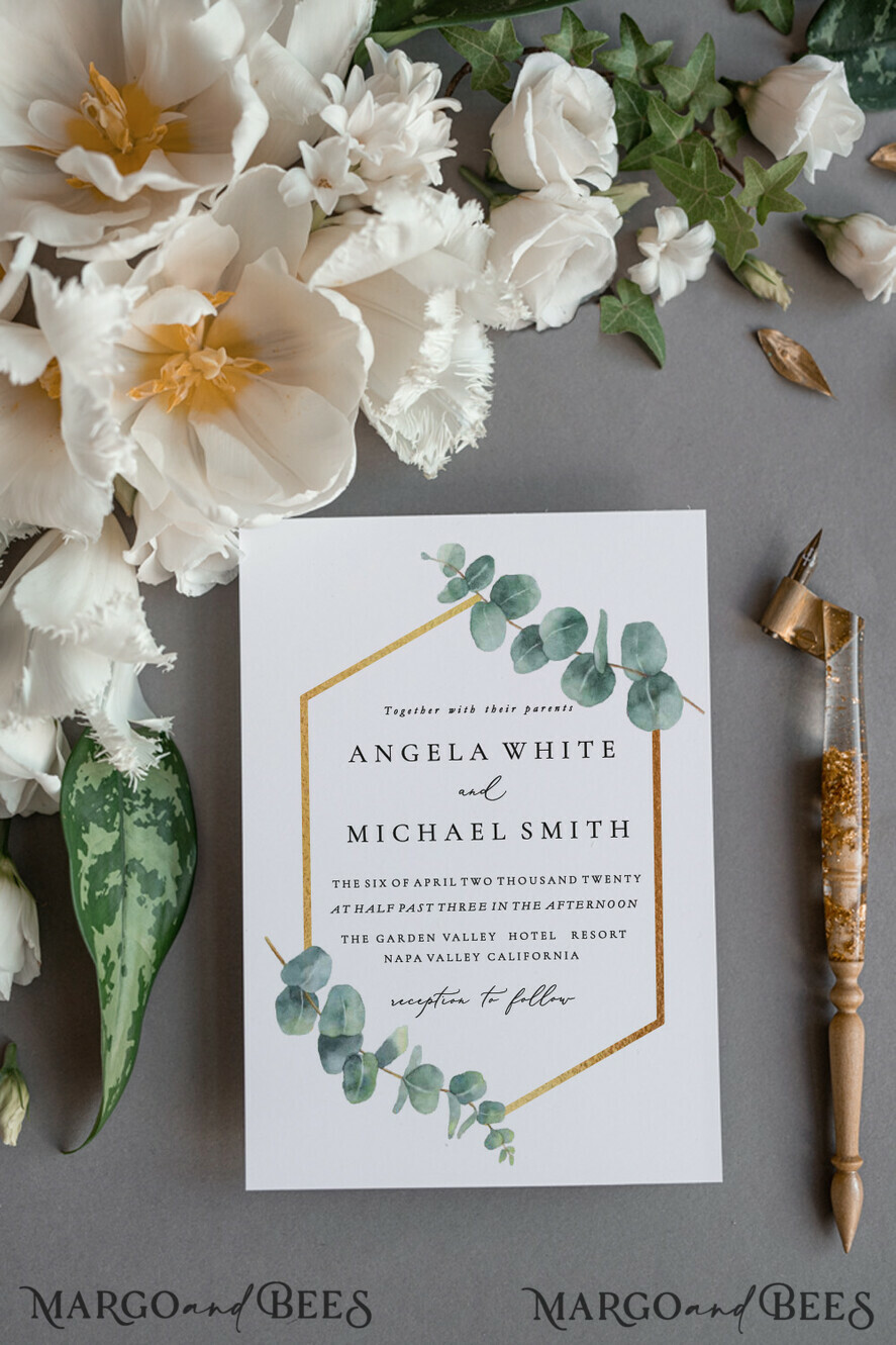 WEDDING INVITATIONS Modern Invites Floral Cards Eucalyptus green wedding invitations cards vintage floral stationery