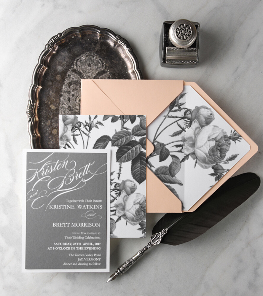 WEDDING INVITATIONS Modern Invites Floral Cards Elegant Wedding Invitations Real Lace Invites Personalized Garden Roses peach and grey Stationery