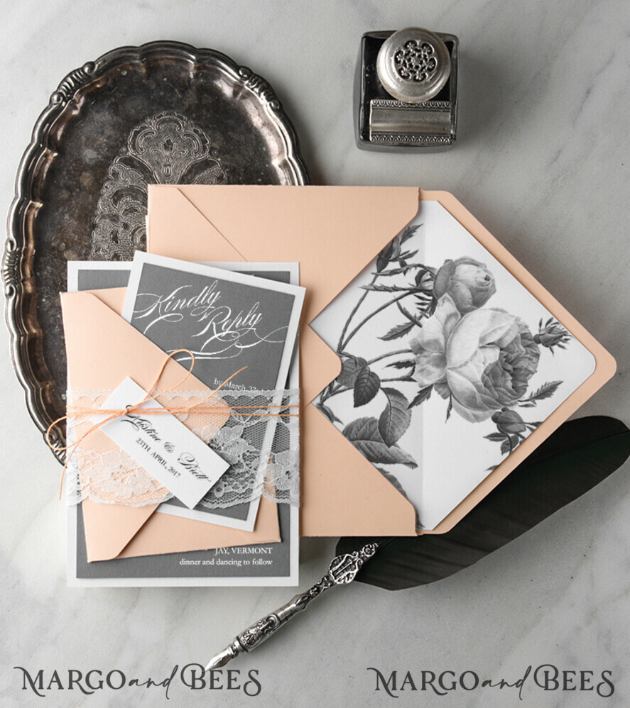 WEDDING INVITATIONS Modern Invites Floral Cards Elegant Wedding Invitations Real Lace Invites Personalized Garden Roses peach and grey Stationery