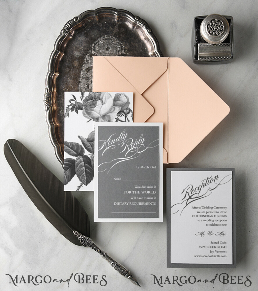 WEDDING INVITATIONS Modern Invites Floral Cards Elegant Wedding Invitations Real Lace Invites Personalized Garden Roses peach and grey Stationery