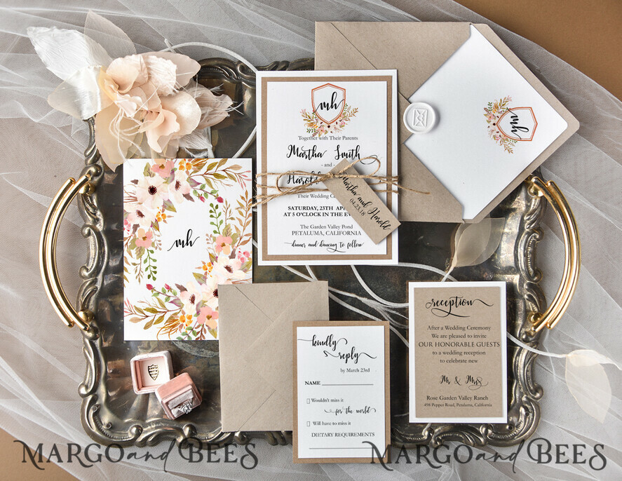 WEDDING INVITATIONS Modern Invites Floral Cards Vintage Wedding Invitations Boho Crest Stationery with Craft paper and Wax Seal Floral Envelope liner