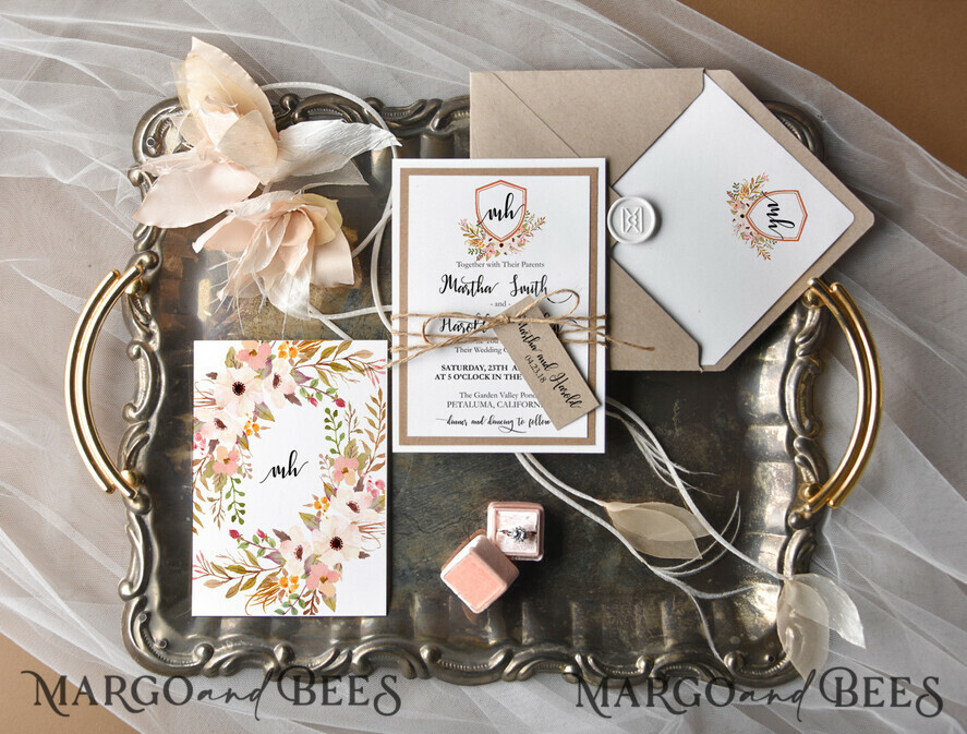 WEDDING INVITATIONS Modern Invites Floral Cards Vintage Wedding Invitations Boho Crest Stationery with Craft paper and Wax Seal Floral Envelope liner