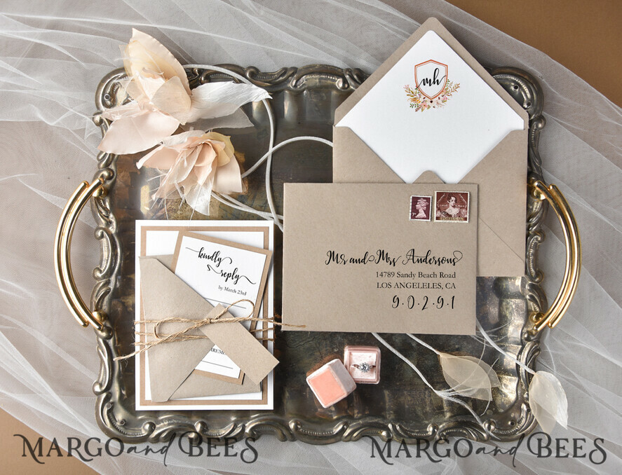 WEDDING INVITATIONS Modern Invites Floral Cards Vintage Wedding Invitations Boho Crest Stationery with Craft paper and Wax Seal Floral Envelope liner