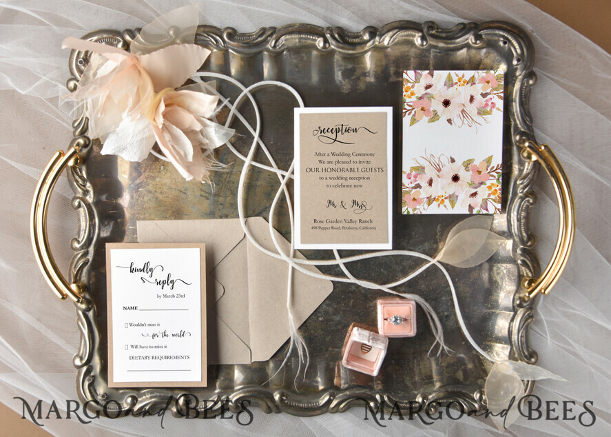 WEDDING INVITATIONS Modern Invites Floral Cards Vintage Wedding Invitations Boho Crest Stationery with Craft paper and Wax Seal Floral Envelope liner