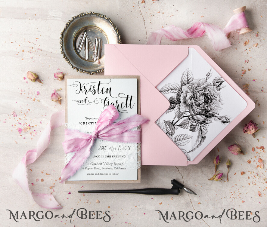 WEDDING INVITATIONS Modern Invites Floral Cards Pink Wedding Invitations Garden roses Stationery illustration Envelope liner