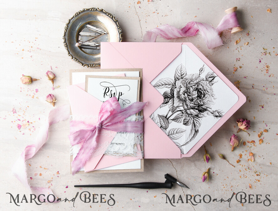 WEDDING INVITATIONS Modern Invites Floral Cards Pink Wedding Invitations Garden roses Stationery illustration Envelope liner