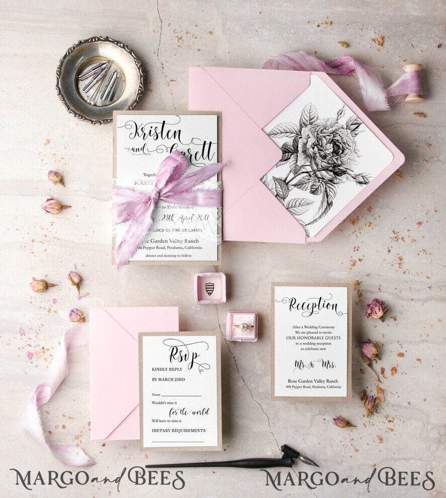 WEDDING INVITATIONS Modern Invites Floral Cards Pink Wedding Invitations Garden roses Stationery illustration Envelope liner