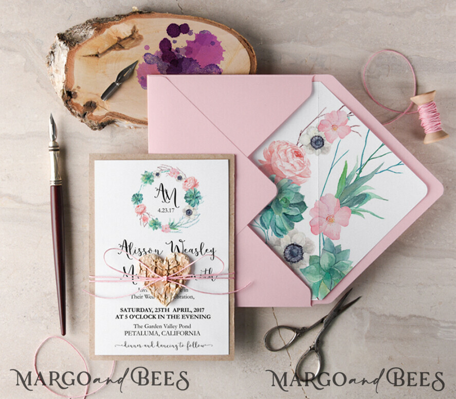 WEDDING INVITATIONS Modern Invites Floral Cards Romantic Wedding Invitations Monogram wearth Invites Personalized succulents and anemones pink Stationery