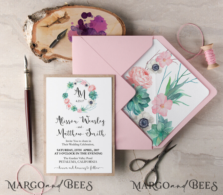 WEDDING INVITATIONS Modern Invites Floral Cards Romantic Wedding Invitations Monogram wearth Invites Personalized succulents and anemones pink Stationery