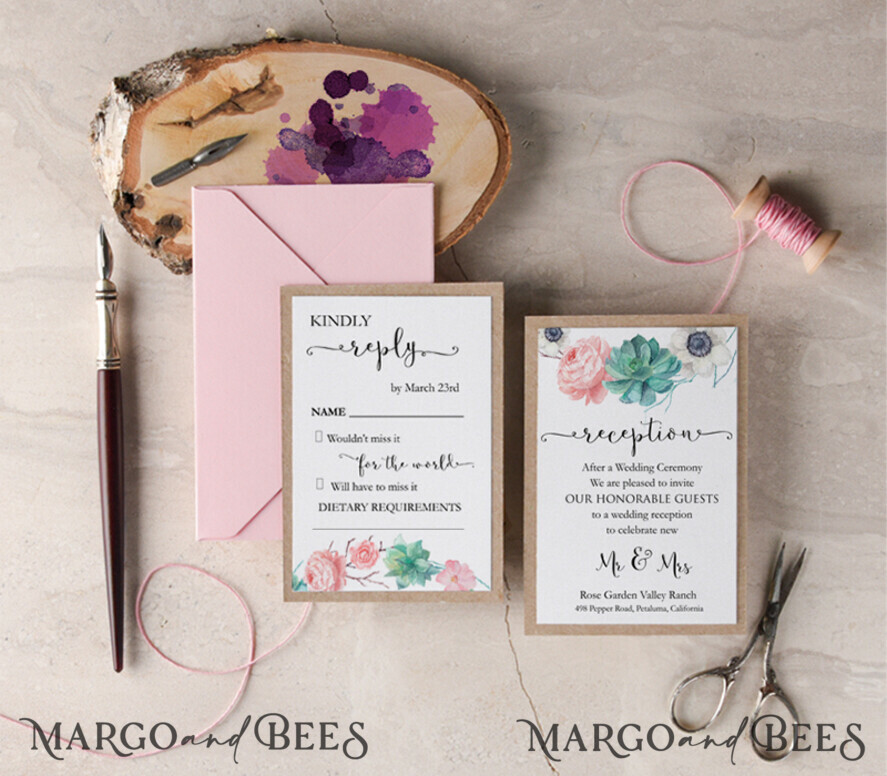 WEDDING INVITATIONS Modern Invites Floral Cards Romantic Wedding Invitations Monogram wearth Invites Personalized succulents and anemones pink Stationery