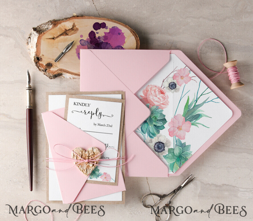 WEDDING INVITATIONS Modern Invites Floral Cards Romantic Wedding Invitations Monogram wearth Invites Personalized succulents and anemones pink Stationery