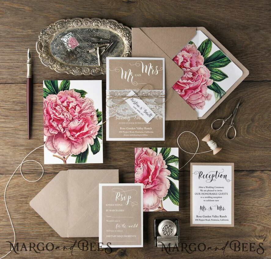 WEDDING INVITATIONS Modern Invites Floral Cards ustic Wedding Invitations Real Lace Invites Personalized Peony Craft Stationery