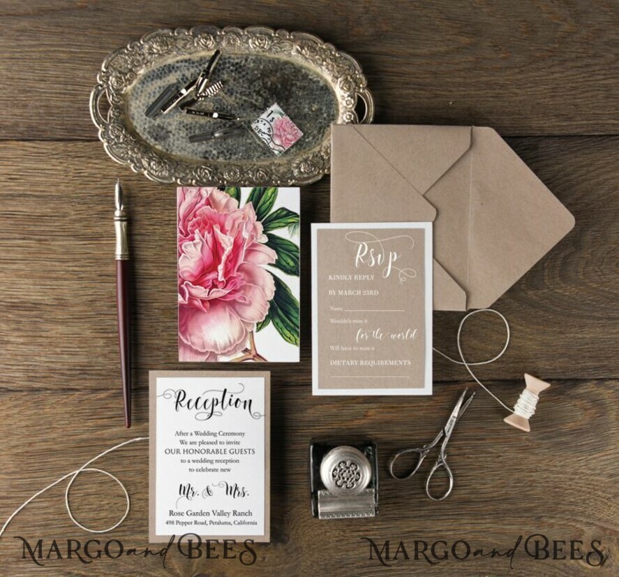 WEDDING INVITATIONS Modern Invites Floral Cards ustic Wedding Invitations Real Lace Invites Personalized Peony Craft Stationery