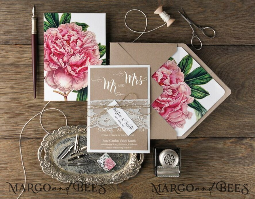 WEDDING INVITATIONS Modern Invites Floral Cards ustic Wedding Invitations Real Lace Invites Personalized Peony Craft Stationery