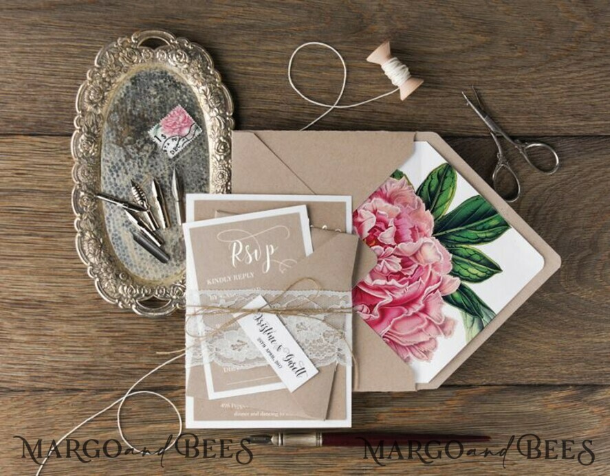 WEDDING INVITATIONS Modern Invites Floral Cards ustic Wedding Invitations Real Lace Invites Personalized Peony Craft Stationery
