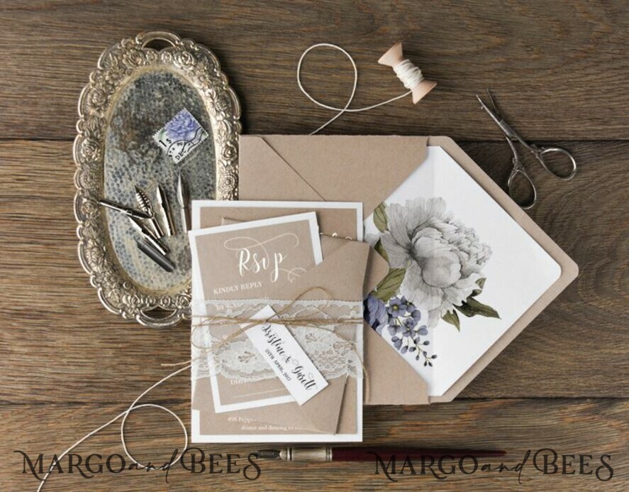 WEDDING INVITATIONS Modern Invites Floral Cards Rustic Wedding Invitations Real Lace Invites Personalize Blue and Craft Stationery