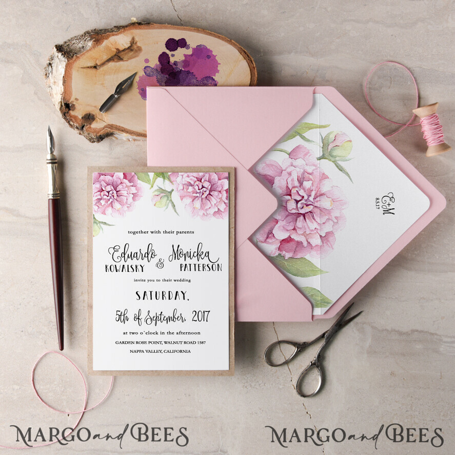 WEDDING INVITATIONS Modern Invites Floral Cards Romantic Wedding Invitations Real wood heart Invites Personalized Peony pink Stationery