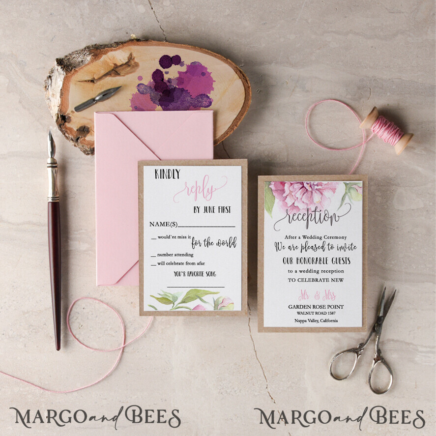 WEDDING INVITATIONS Modern Invites Floral Cards Romantic Wedding Invitations Real wood heart Invites Personalized Peony pink Stationery