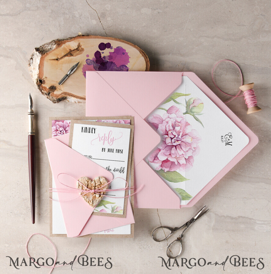 WEDDING INVITATIONS Modern Invites Floral Cards Romantic Wedding Invitations Real wood heart Invites Personalized Peony pink Stationery