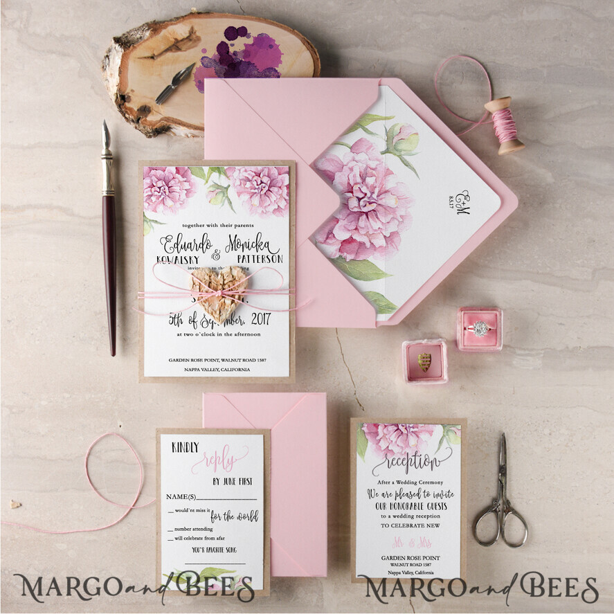 WEDDING INVITATIONS Modern Invites Floral Cards Romantic Wedding Invitations Real wood heart Invites Personalized Peony pink Stationery