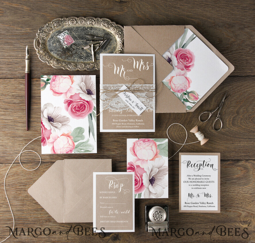 WEDDING INVITATIONS Modern Invites Floral Cards Floral Wedding Invitations Real Lace Invites Personalized garden roses Craft Stationery