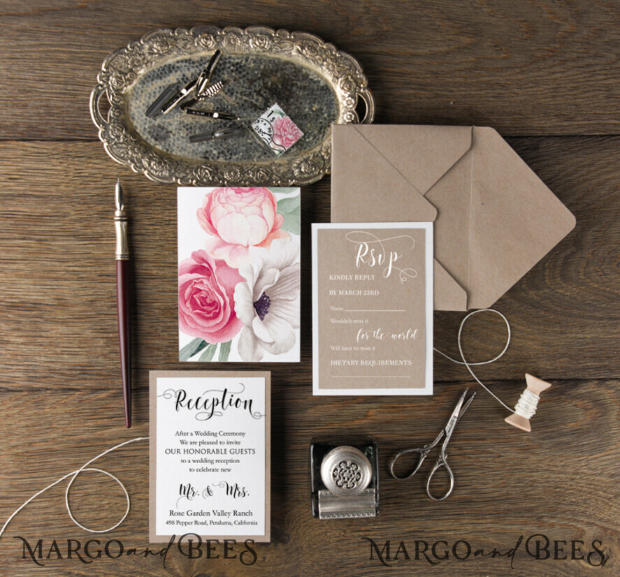 WEDDING INVITATIONS Modern Invites Floral Cards Floral Wedding Invitations Real Lace Invites Personalized garden roses Craft Stationery