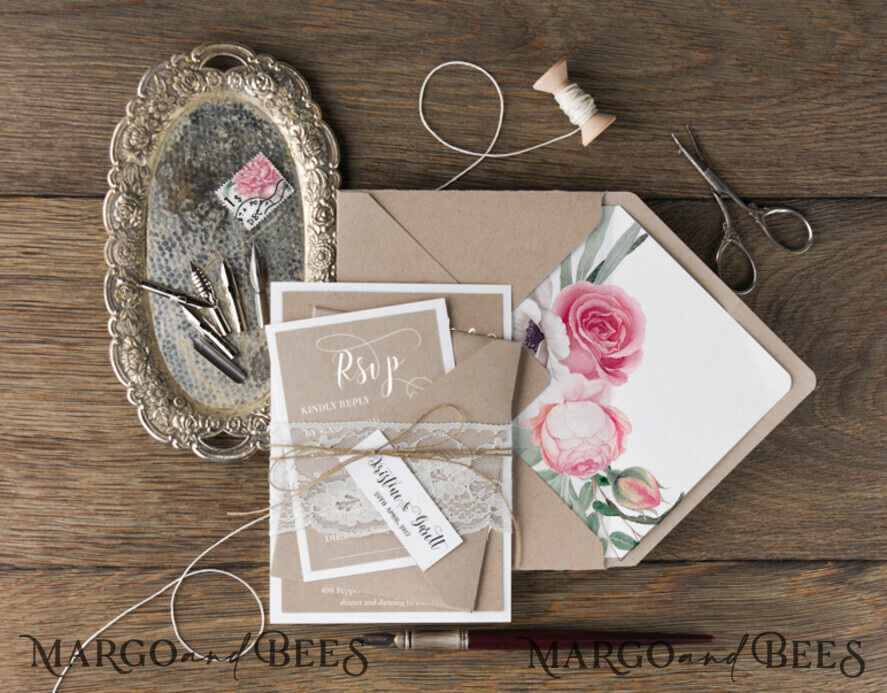 WEDDING INVITATIONS Modern Invites Floral Cards Floral Wedding Invitations Real Lace Invites Personalized garden roses Craft Stationery