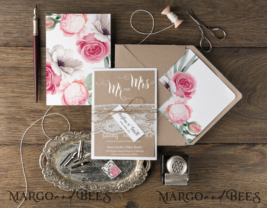 WEDDING INVITATIONS Modern Invites Floral Cards Floral Wedding Invitations Real Lace Invites Personalized garden roses Craft Stationery
