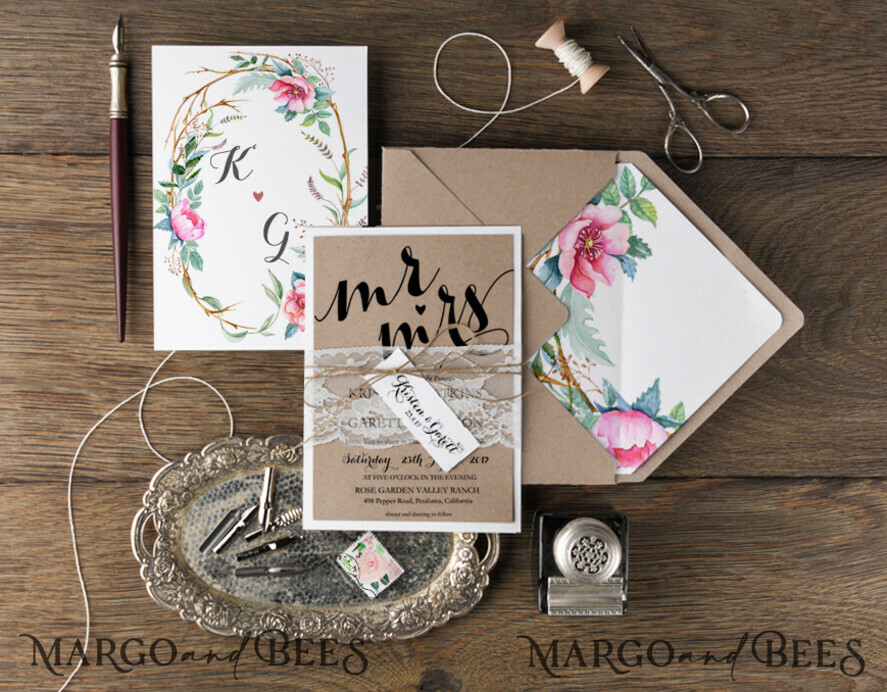 WEDDING INVITATIONS Modern Invites Floral Cards Boho Wedding Invitations Craft Cheap Stationery Twine Tag Lace