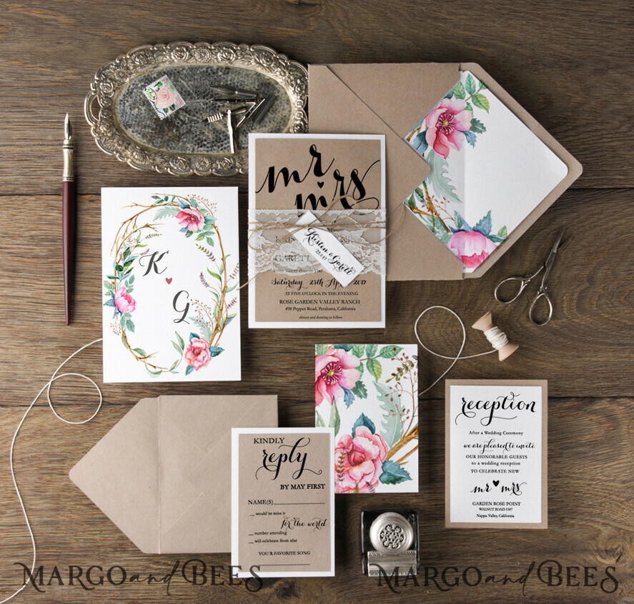 WEDDING INVITATIONS Modern Invites Floral Cards Boho Wedding Invitations Craft Cheap Stationery Twine Tag Lace