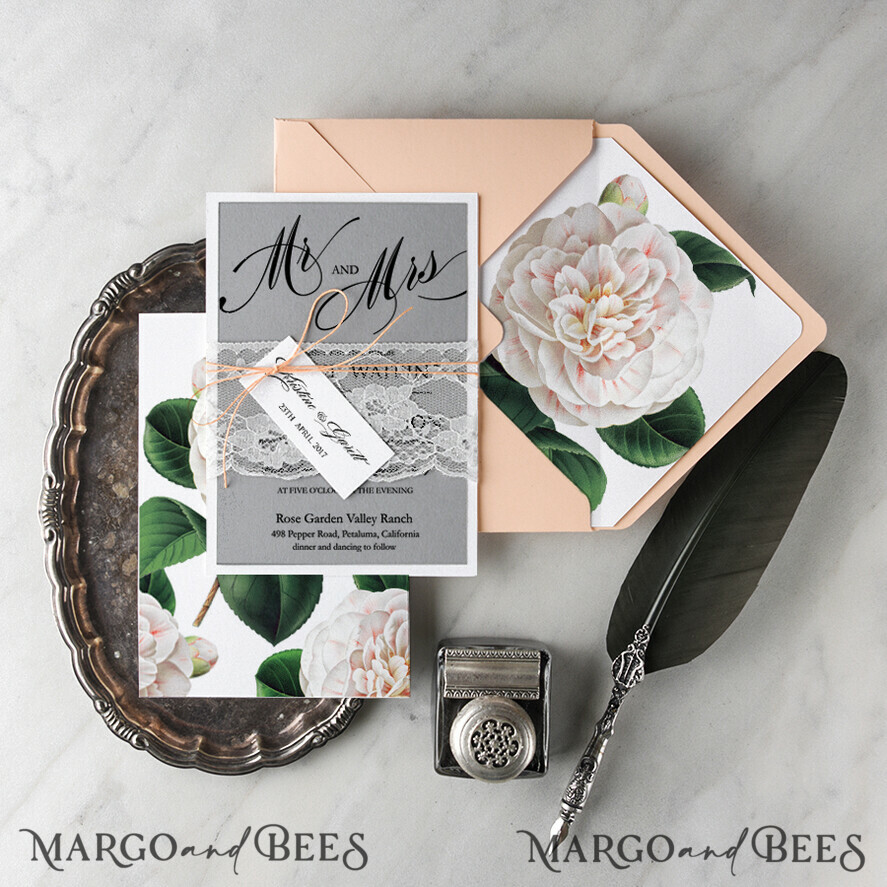 WEDDING INVITATIONS Modern Invites Floral Cards Romantic Wedding Invitations Real Lace Invites Personalized magnolia peach and grey Stationery