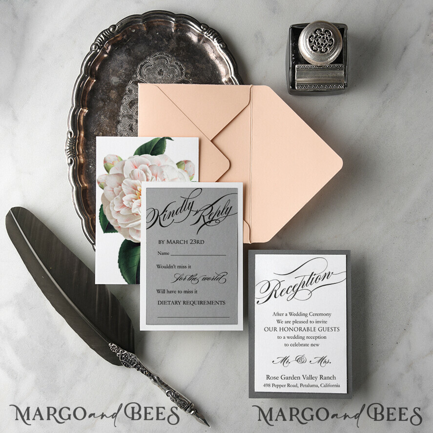 WEDDING INVITATIONS Modern Invites Floral Cards Romantic Wedding Invitations Real Lace Invites Personalized magnolia peach and grey Stationery