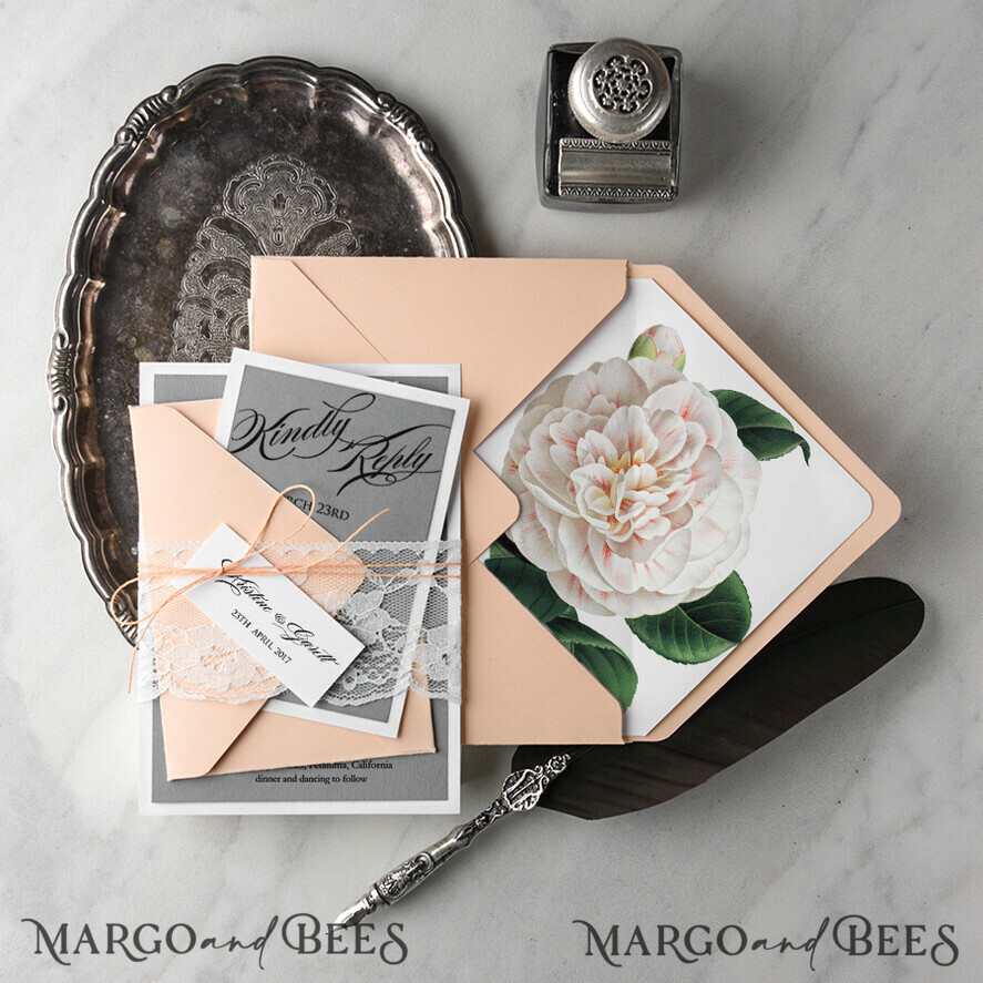 WEDDING INVITATIONS Modern Invites Floral Cards Romantic Wedding Invitations Real Lace Invites Personalized magnolia peach and grey Stationery