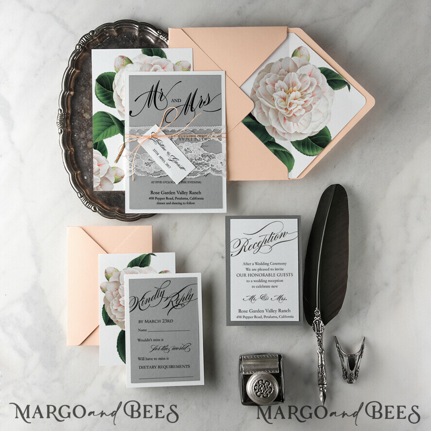 WEDDING INVITATIONS Modern Invites Floral Cards Romantic Wedding Invitations Real Lace Invites Personalized magnolia peach and grey Stationery