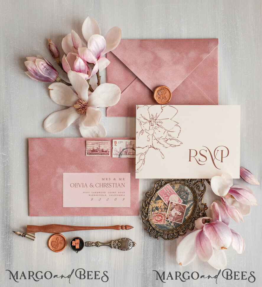 WEDDING INVITATIONS Modern Invites Floral Cards Elegant Blush Pink Velvet Wedding Invitations velvet envelope, Luxury Wedding Invitation Suite, Romantic Vintage Wedding Cards,