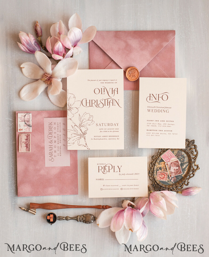 WEDDING INVITATIONS Modern Invites Floral Cards Elegant Blush Pink Velvet Wedding Invitations velvet envelope, Luxury Wedding Invitation Suite, Romantic Vintage Wedding Cards,
