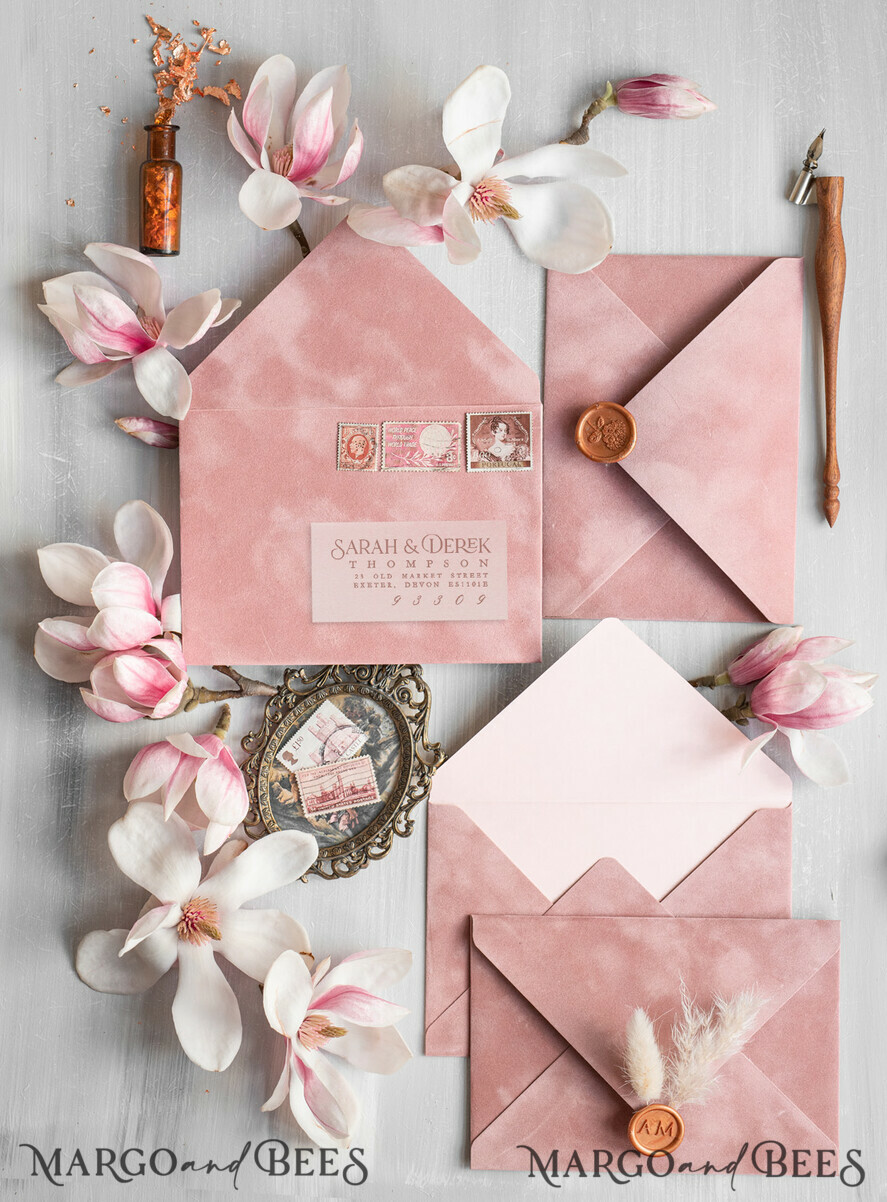 WEDDING INVITATIONS Modern Invites Floral Cards Elegant Blush Pink Velvet Wedding Invitations velvet envelope, Luxury Wedding Invitation Suite, Romantic Vintage Wedding Cards,