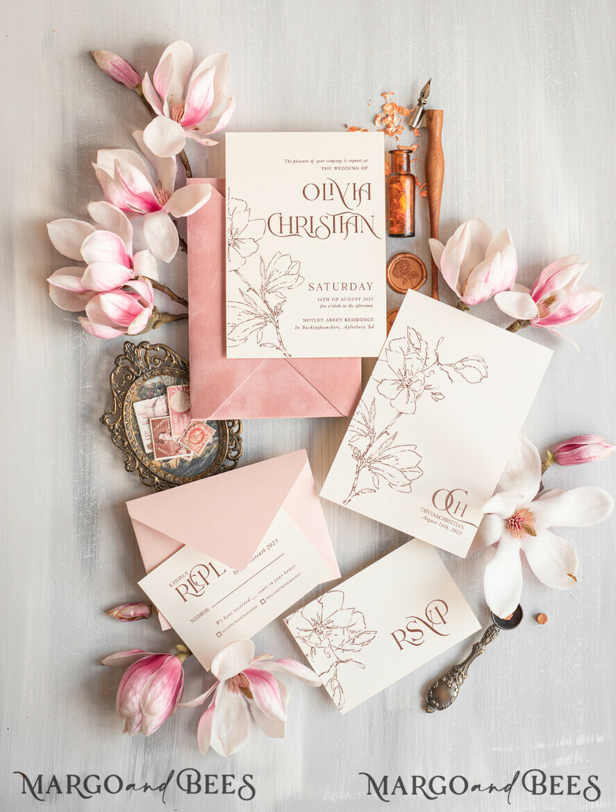 WEDDING INVITATIONS Modern Invites Floral Cards Elegant Blush Pink Velvet Wedding Invitations velvet envelope, Luxury Wedding Invitation Suite, Romantic Vintage Wedding Cards,