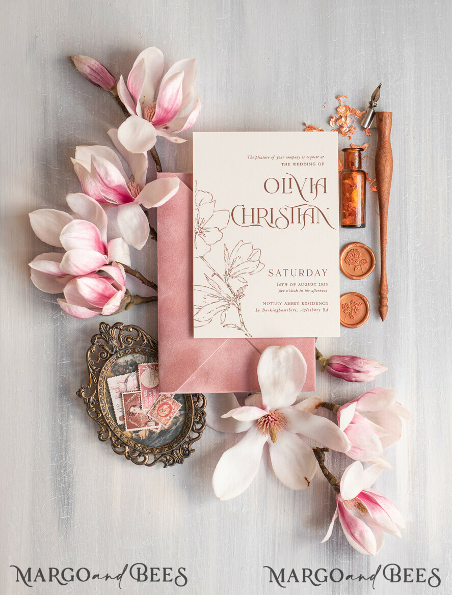 WEDDING INVITATIONS Modern Invites Floral Cards Elegant Blush Pink Velvet Wedding Invitations velvet envelope, Luxury Wedding Invitation Suite, Romantic Vintage Wedding Cards,