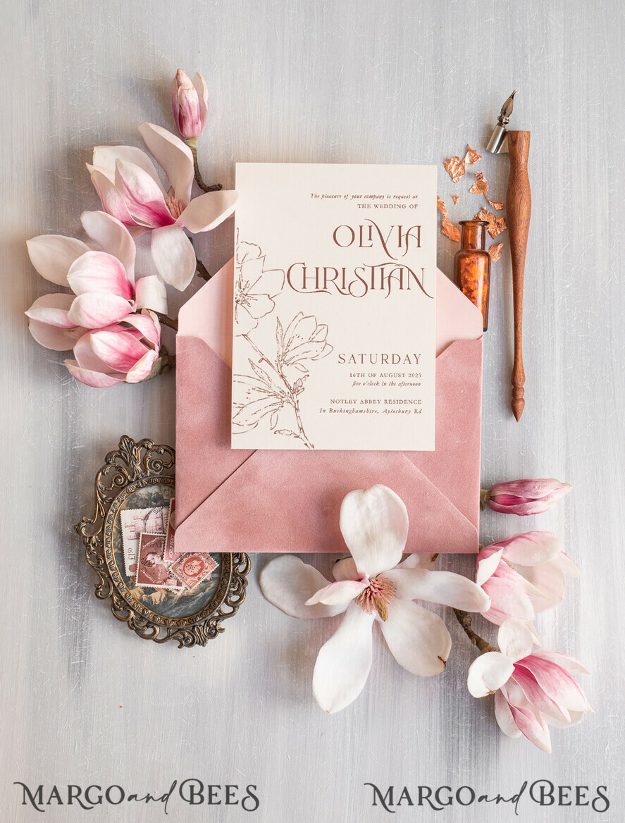 WEDDING INVITATIONS Modern Invites Floral Cards Elegant Blush Pink Velvet Wedding Invitations velvet envelope, Luxury Wedding Invitation Suite, Romantic Vintage Wedding Cards,