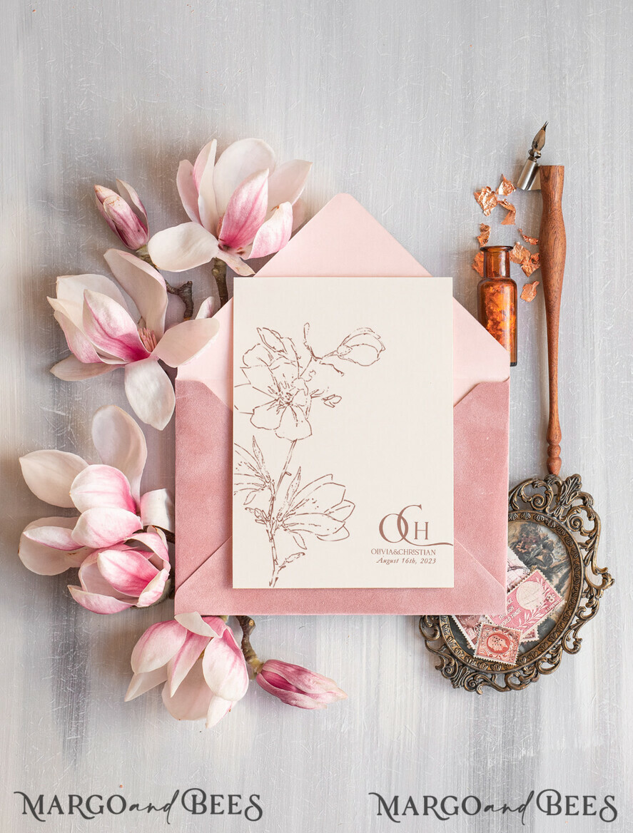 WEDDING INVITATIONS Modern Invites Floral Cards Elegant Blush Pink Velvet Wedding Invitations velvet envelope, Luxury Wedding Invitation Suite, Romantic Vintage Wedding Cards,