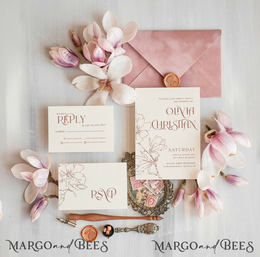 WEDDING INVITATIONS Modern Invites Floral Cards Elegant Blush Pink Velvet Wedding Invitations velvet envelope, Luxury Wedding Invitation Suite, Romantic Vintage Wedding Cards,