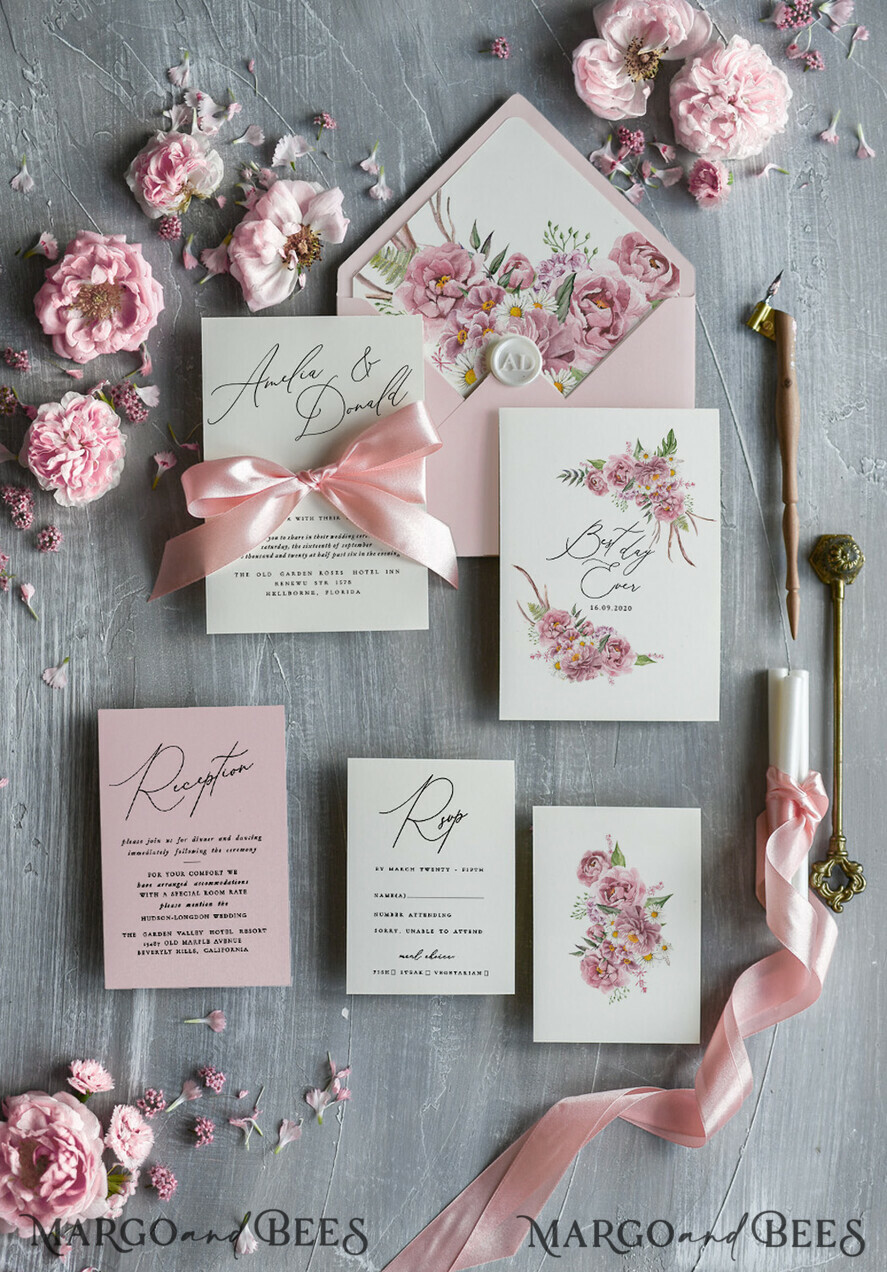 WEDDING INVITATIONS Modern Invites Floral Cards Blush pink wedding invitations, pink wedding invitations, floral wedding invitations, floral wedding stationery, floral wedding accessories, pink wedding stationery, pink wedding accessories, calligraphy, pink ribbon, pink bow, romantic wedding invitations, floral envelope liner, peony wedding invitations, peonies wedding invitations, romantic wedding, garden wedding, blush pink wedding cards, blush pink wedding