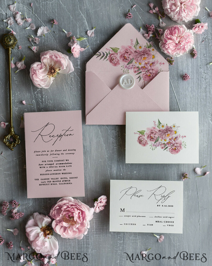 WEDDING INVITATIONS Modern Invites Floral Cards Blush pink wedding invitations, pink wedding invitations, floral wedding invitations, floral wedding stationery, floral wedding accessories, pink wedding stationery, pink wedding accessories, calligraphy, pink ribbon, pink bow, romantic wedding invitations, floral envelope liner, peony wedding invitations, peonies wedding invitations, romantic wedding, garden wedding, blush pink wedding cards, blush pink wedding