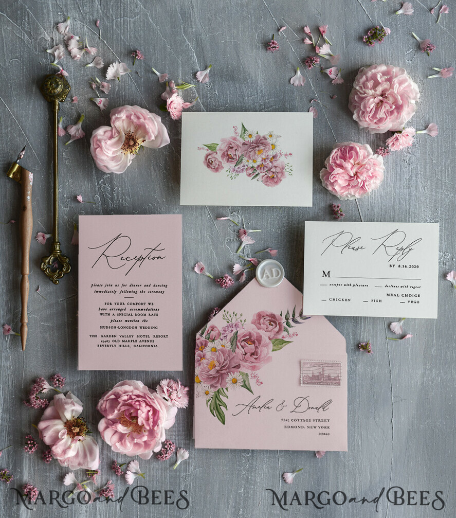 WEDDING INVITATIONS Modern Invites Floral Cards Blush pink wedding invitations, pink wedding invitations, floral wedding invitations, floral wedding stationery, floral wedding accessories, pink wedding stationery, pink wedding accessories, calligraphy, pink ribbon, pink bow, romantic wedding invitations, floral envelope liner, peony wedding invitations, peonies wedding invitations, romantic wedding, garden wedding, blush pink wedding cards, blush pink wedding