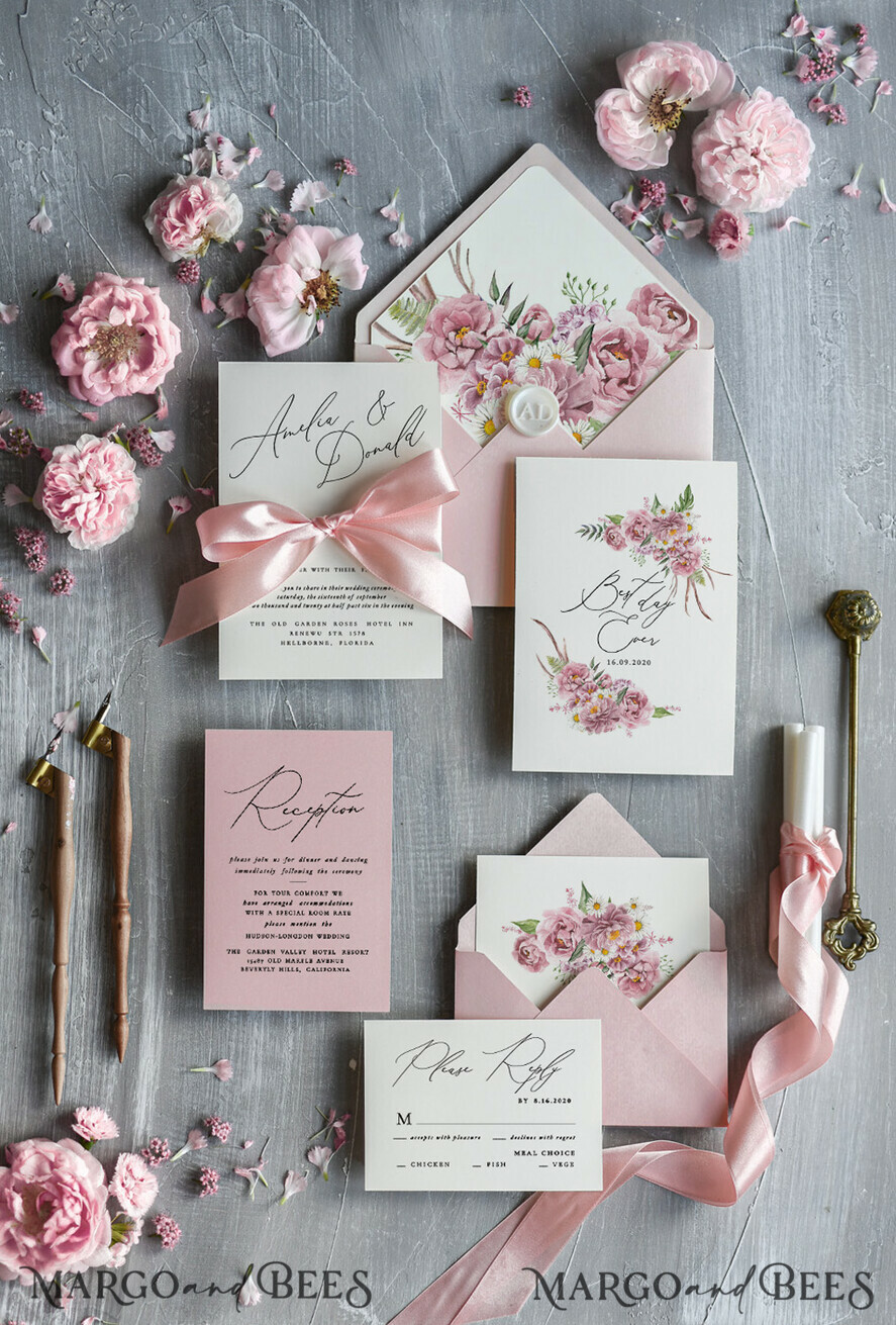WEDDING INVITATIONS Modern Invites Floral Cards Blush pink wedding invitations, pink wedding invitations, floral wedding invitations, floral wedding stationery, floral wedding accessories, pink wedding stationery, pink wedding accessories, calligraphy, pink ribbon, pink bow, romantic wedding invitations, floral envelope liner, peony wedding invitations, peonies wedding invitations, romantic wedding, garden wedding, blush pink wedding cards, blush pink wedding