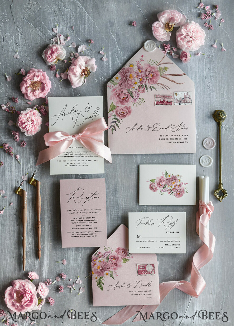 WEDDING INVITATIONS Modern Invites Floral Cards Blush pink wedding invitations, pink wedding invitations, floral wedding invitations, floral wedding stationery, floral wedding accessories, pink wedding stationery, pink wedding accessories, calligraphy, pink ribbon, pink bow, romantic wedding invitations, floral envelope liner, peony wedding invitations, peonies wedding invitations, romantic wedding, garden wedding, blush pink wedding cards, blush pink wedding