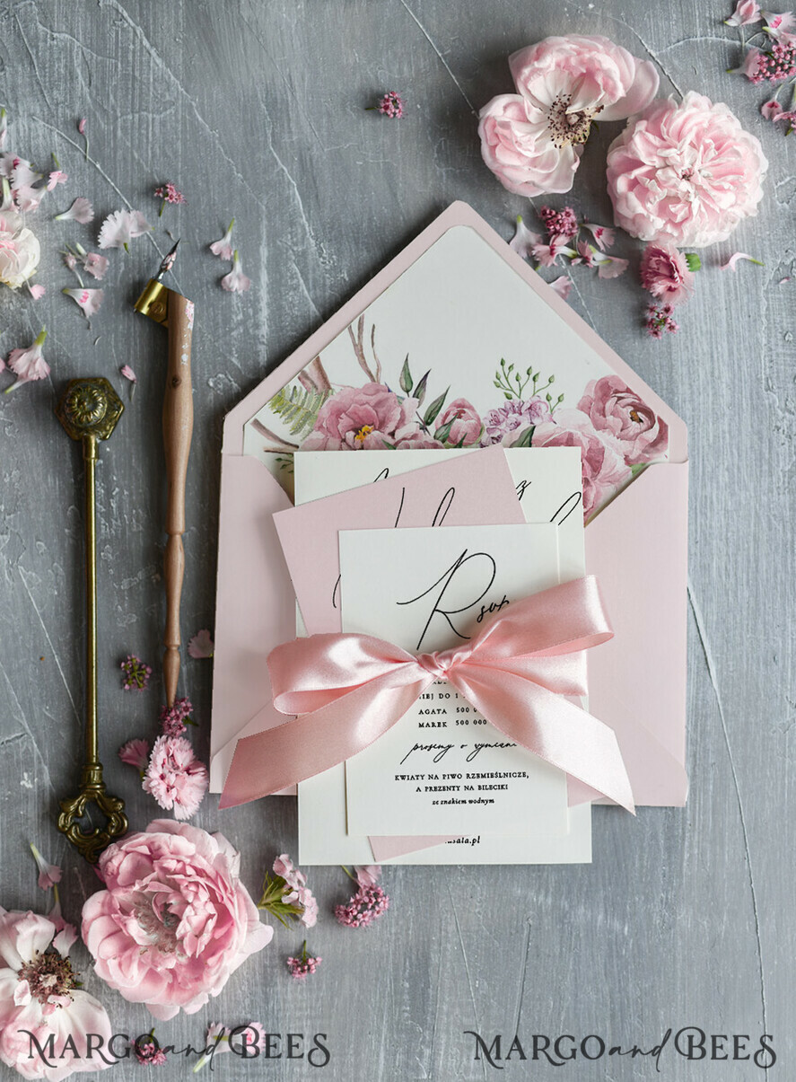 WEDDING INVITATIONS Modern Invites Floral Cards Blush pink wedding invitations, pink wedding invitations, floral wedding invitations, floral wedding stationery, floral wedding accessories, pink wedding stationery, pink wedding accessories, calligraphy, pink ribbon, pink bow, romantic wedding invitations, floral envelope liner, peony wedding invitations, peonies wedding invitations, romantic wedding, garden wedding, blush pink wedding cards, blush pink wedding